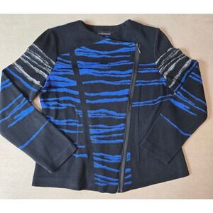 Ming Wang Knit Jacket Black Blue Stripe Pattern Zip‎ Front Cardigan Top PS Small